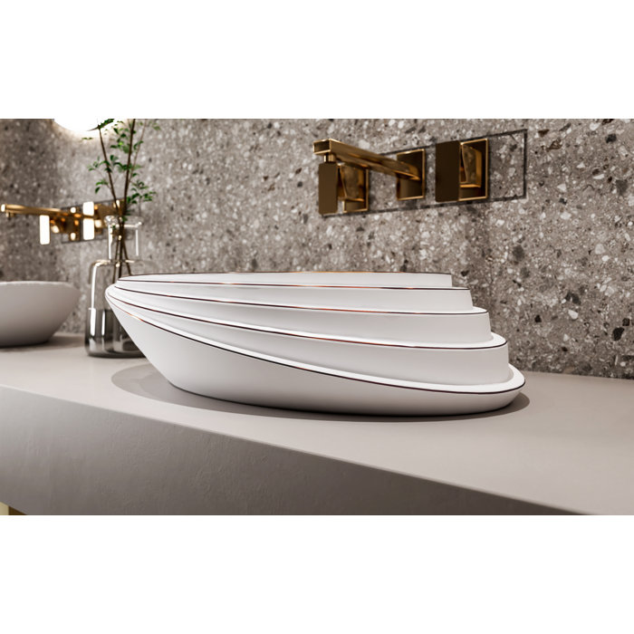 MEJE 21" Rose Gold Embossed Art Basin, Ceramic Slant Oval Bathroom Sink (with Pop Up Drain